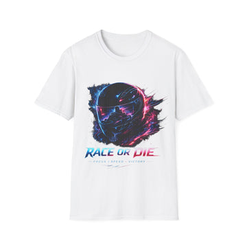 Race or Die Retro Racer Unisex T-Shirt — Neon Helmet Motorsport Graphic Tee