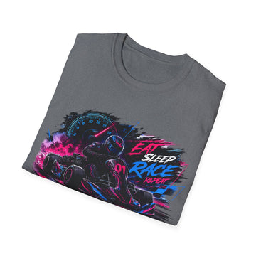 Racer Graphic Unisex T-Shirt — “Eat Sleep Race Repeat” Neon Go-Kart Motorsport Tee