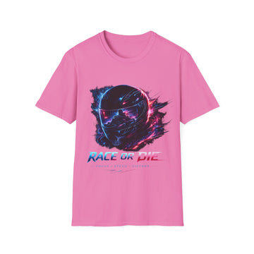 Race or Die Retro Racer Unisex T-Shirt — Neon Helmet Motorsport Graphic Tee