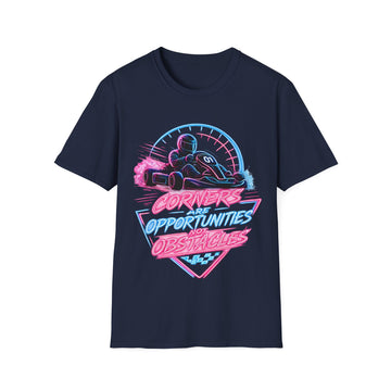 Racing Retro Unisex T-Shirt — “Corners Are Opportunities, Not Obstacles” Neon Racer Tee