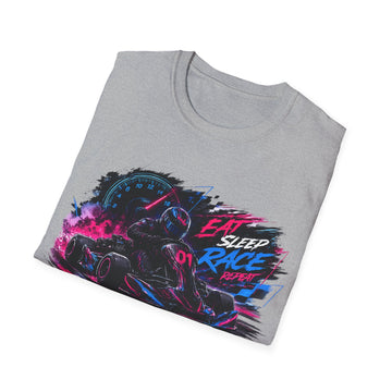 Racer Graphic Unisex T-Shirt — “Eat Sleep Race Repeat” Neon Go-Kart Motorsport Tee