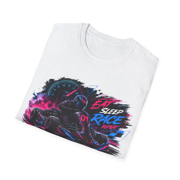 Racer Graphic Unisex T-Shirt — “Eat Sleep Race Repeat” Neon Go-Kart Motorsport Tee