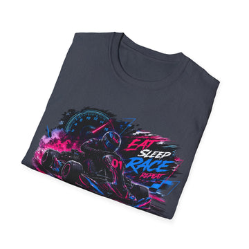 Racer Graphic Unisex T-Shirt — “Eat Sleep Race Repeat” Neon Go-Kart Motorsport Tee