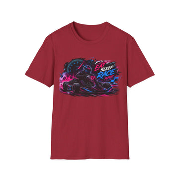 Racer Graphic Unisex T-Shirt — “Eat Sleep Race Repeat” Neon Go-Kart Motorsport Tee