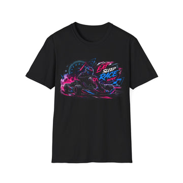 Racer Graphic Unisex T-Shirt — “Eat Sleep Race Repeat” Neon Go-Kart Motorsport Tee
