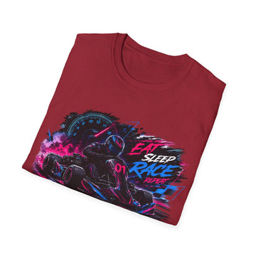 Racer Graphic Unisex T-Shirt — “Eat Sleep Race Repeat” Neon Go-Kart Motorsport Tee