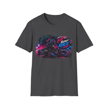 Racer Graphic Unisex T-Shirt — “Eat Sleep Race Repeat” Neon Go-Kart Motorsport Tee