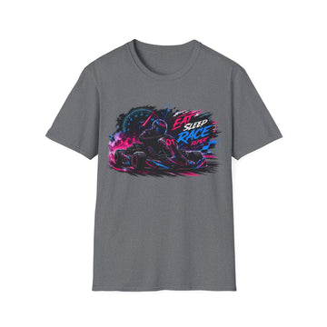 Racer Graphic Unisex T-Shirt — “Eat Sleep Race Repeat” Neon Go-Kart Motorsport Tee