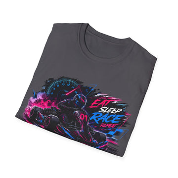 Racer Graphic Unisex T-Shirt — “Eat Sleep Race Repeat” Neon Go-Kart Motorsport Tee