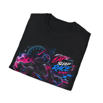 Racer Graphic Unisex T-Shirt — “Eat Sleep Race Repeat” Neon Go-Kart Motorsport Tee